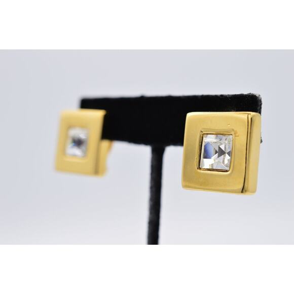 Givenchy Vintage Crystal Clip Earrings Gold Rhinestone Square Runway Signed BinZ - Picture 1 of 11
